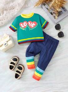SHEIN Baby Girls Heart & Letter Graphic Color Block Tee & Pants