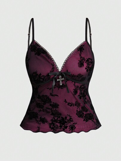 Fairycore Vintage Goth Cross Pendant Decorated Flocked Mesh Cami Top With Color Block For Women, Summer