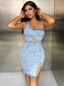 SHEIN SXY 女士镂空性感紧身单肩牛仔连衣裙