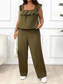 Calvaya Plus Ruffle Trim Top & Wide Leg Pants For Summer - Multicolor - View 5