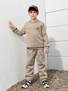 SHEIN Leap Crew Tween Boy Cartoon Face Print Thermal Hoodie & Sweatpants - Khaki - View 5