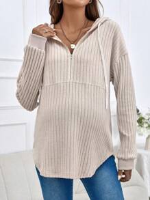 SHEIN Maternity Half Zip Drop Shoulder Drawstring Hooded Sweatshirt With Long Sleeve, For Winter - Khaki - View 5