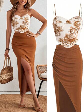 SHEIN VCAY Vacation Stricklinienmuster bedruckter Camisole Bodycon Top & hochgeschnittener einfarbiger Strick asymmetrisch gefalteter Maxi Rock mit hohem Schlitz Damen Zwei-Teiler Set, um zu beeindrucken in 25 Styles