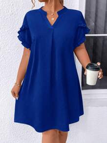 SHEIN Clasi Cộng với váy tay áo có đường viền cổ chữ V - Xanh đậm - Xem 3