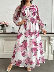 Modelyn 加大码长袖随机花卉印花连衣裙，优雅礼服，适合婚礼宾客/场合/仪式/晚会，长款晚礼服，女士秋季服装 - 粉色 - 查看 5