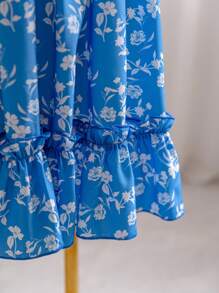 Soleia Robe d'été décontractée en grande taille pour femmes, avec col en V, manches bouffantes, empiècement en dentelle, taille marquée, jupe plissée et imprimé floral
