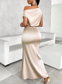 AIJ Women's Solid Color Cropped Elegant Asymmetrical Shoulder Top + Fish Tail Skirt Set - Apricot - View 2