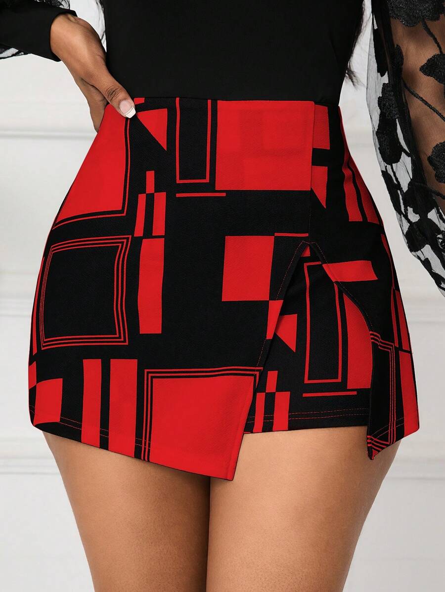 SHEIN Lady Geo Print Asymmetrical Hem Skort - Red - View 1