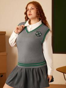 HARRY POTTER X SHEIN Chaleco de jersey gris clásico con cuello en V suave y cálido y aplique de parche de logotipo de Slytherin Plus, adecuado para uso diario y visita a Universal Studios - Gris - Ver 7