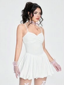 ROMWE Vestido mini sexy sin tirantes con pliegues y borde de encaje - Blanco - Ver 6