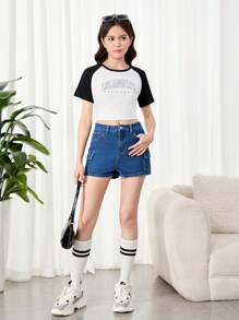 SHEIN Teen Girls Flap Pocket Denim Shorts - Dark Wash - View 4