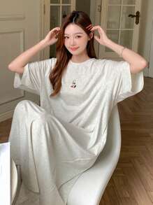 DAZY 宽松家居服连衣裙，带图案装饰的落肩睡衣，宽松睡裙 - 淺灰色 - 查看 4