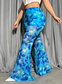 SHEIN ICON 大尺碼女士網紗蝴蝶印花喇叭褲 - 藍色 - 查看 3