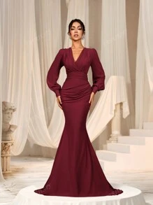 Faeriesty Elegant Cross-Over V-Neck Lantern Sleeve Mermaid Hem Dress - Sophisticated Timeless Design For Spring/Summer Weddings, Galas, Red Carpet Bridesmaid Dress