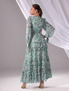 Women's Vacation Style Floral Print Twist Lantern Sleeve Layered Hem Dress, Spring/Autumn - Green - View 2