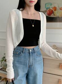 DAZY Solid Open Front Crop Cardigan - Beige - View 2