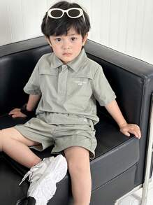 2入組男孩韓風休閒短袖 Polo 衫和短褲套裝，適用於戶外活動、旅遊、春、夏季，開學季節 - 灰色 - 查看 6