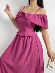 Mulvari Women's Solid Color Pleated Lace Trim Spaghetti Strap Off-Shoulder Sleeve Elegant Summer Dress