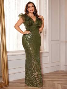 Plus Size Ombre Sequin Splice Organza V-Neck Ruffle Hem Fitted Mermaid Women's Formal Evening Prom Dress Wedding Guest Gown, For Graduation, Dinner Party Dress - 橄欖綠 - 查看 5