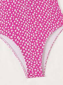 SHEIN Swim 女士迷你花卉印花貼布綫熱粉色連體泳衣，夏季沙灘連體泳衣 - 玫紅色 - 查看 3