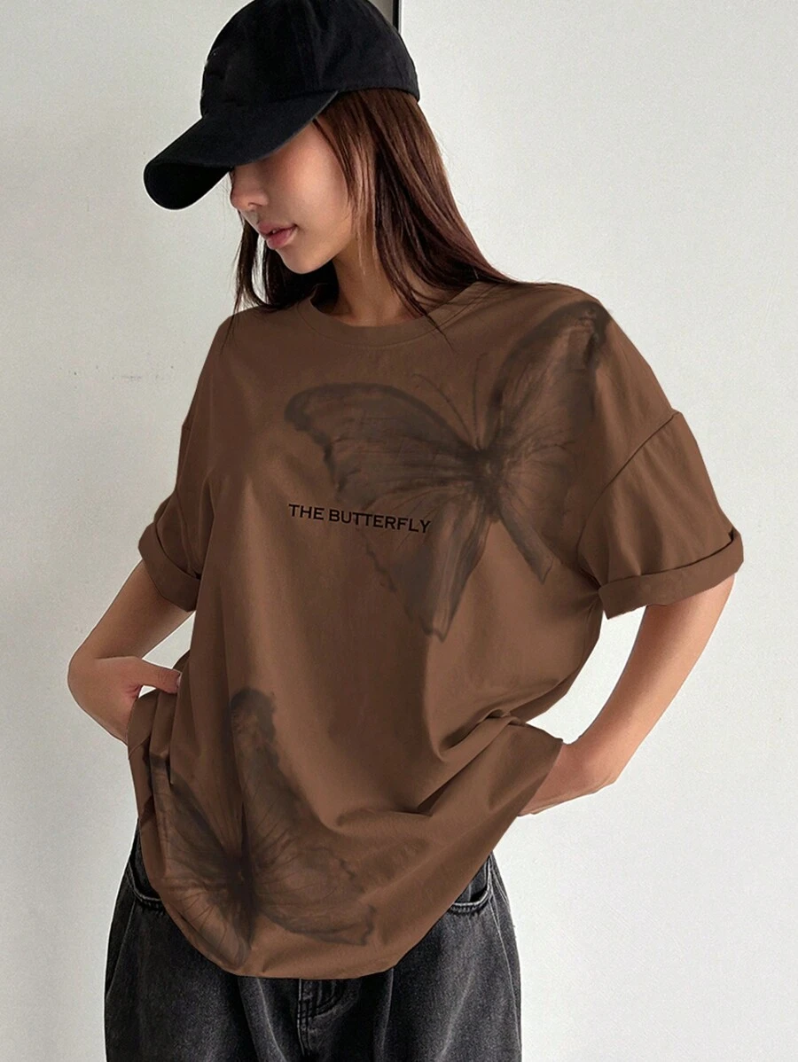 DAZY Butterfly & Slogan Graphic Drop Shoulder Tee THE BUTTERFLY Oversized T-Shirt Preppy Tops - Coffee Brown - View 1