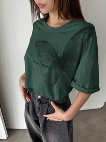 DAZY Slogan & Butterfly Print Drop Shoulder Tee THE BUTTERFLY Oversized T-Shirt - Mint Green - View 3