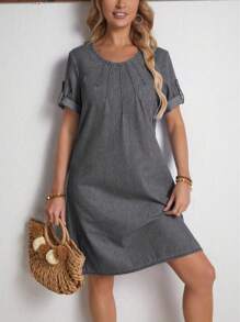 SHEIN LUNE Vestido vaquero informal para mujeres con mangas enrollables - Gris - Ver 5