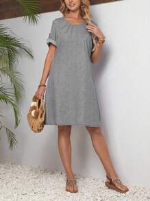 SHEIN LUNE Casual Solid Roll Up Sleeve Denim Dress - Light Grey - View 6
