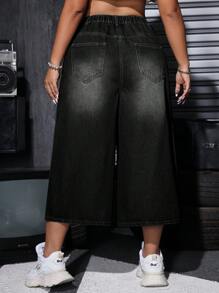 SHEIN ICON 高腰寬腿七分牛仔褲 - 黑色 - 查看 2