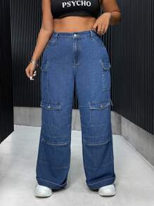 SHEIN ICON Plus Flap Pocket Cargo Jeans - Blue - View 6