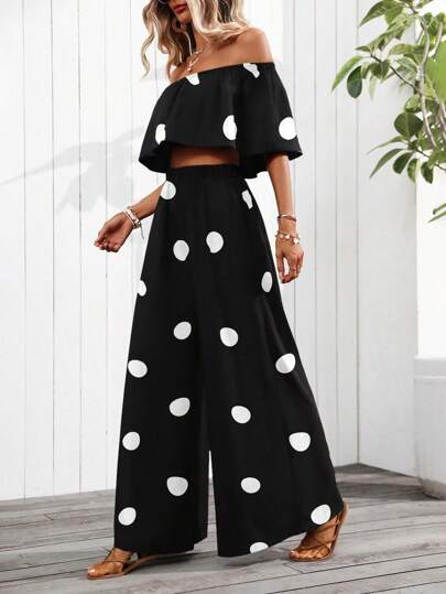SHEIN Clasi Women's Vacation Polka Dot Print Off-Shoulder Cropped Top And Wide Leg Pants Loose Casual 2pcs Set (Random Pattern Cutting)