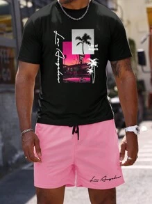Manfinity Homme Áo thun nam có kích thước cộng với kích thước nhiệt đới & chữ cái Áo thun & quần short thắt lưng có dây rút - Nhiều màu - Xem 1