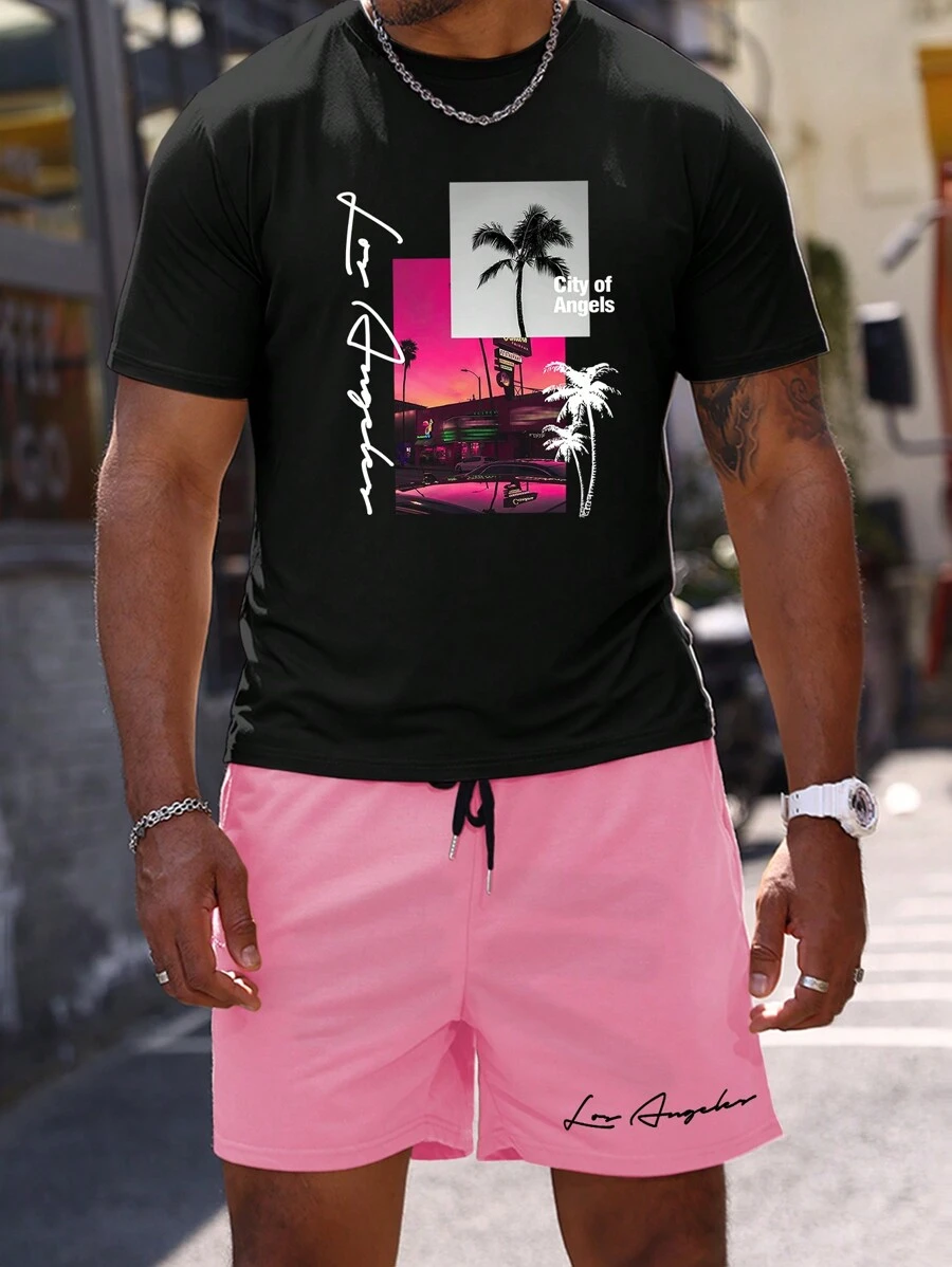 Manfinity Homme Áo thun nam có kích thước cộng với kích thước nhiệt đới & chữ cái Áo thun & quần short thắt lưng có dây rút - Nhiều màu - Xem 1