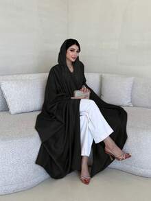 优雅简约的柔软轻盈编织长款蝙蝠袖阿拉伯长袍 - 黑色 - 查看 5