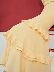 MOTF STUDIO SOLID RUFFLE TRIM LAYERED HEM BUSTIER DRESS - Yellow - View 3
