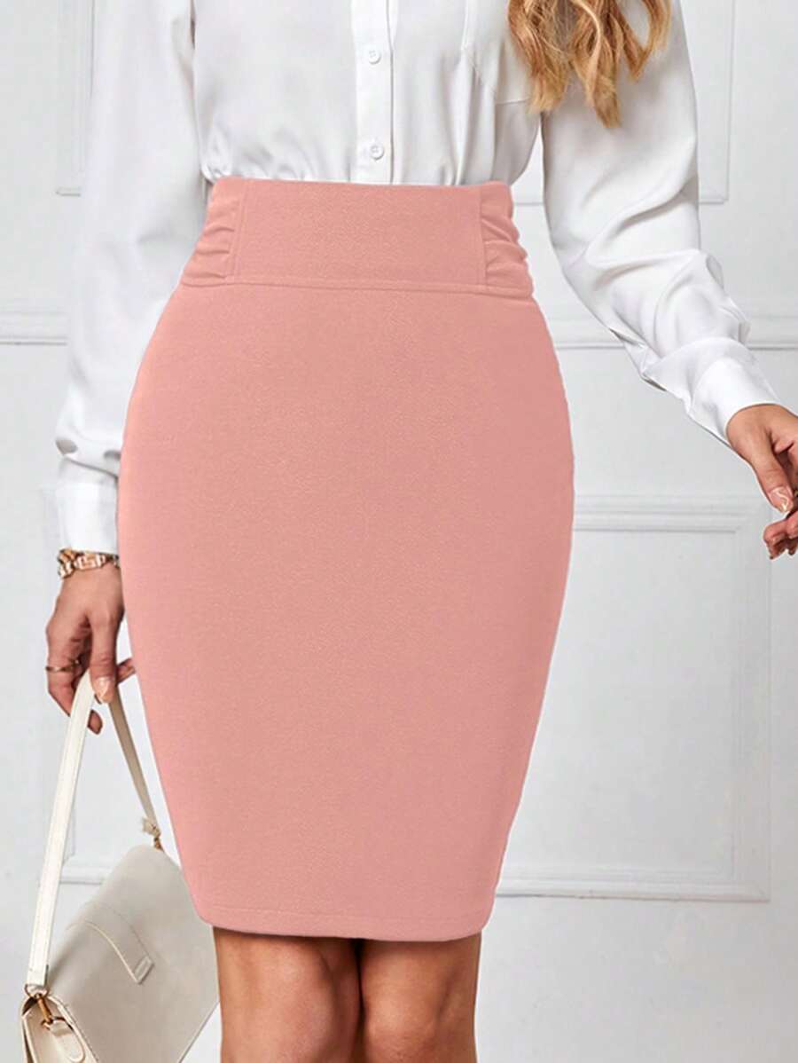EMERY ROSE Falda ajustada con detalles fruncidos en color sólido - Rosa - Ver 1