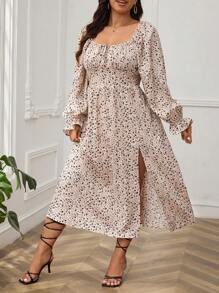 SHEIN Frenchy 加大卡其色碎花长袖开叉大腿方领连衣裙，秋季女装，约会之夜 - 彩色 - 查看 5