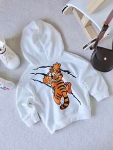 男婴时尚街头风休闲老虎图案卫衣，适合度假穿着 - 白色 - 查看 2