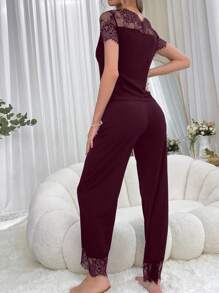 Ensemble pyjama pour femmes à manches courtes en patchwork de dentelle et pantalon ample