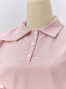 SHEIN 青少年女孩不对称荷叶边袖双层下摆休闲夏装 - 藕粉色 - 查看 5