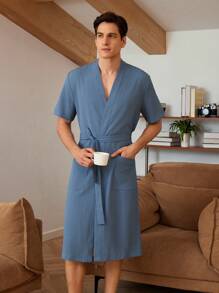Men Solid Dual Pocket Belted Robe - Blue - View 4