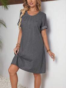 SHEIN LUNE Vestido vaquero informal para mujeres con mangas enrollables - Gris - Ver 3