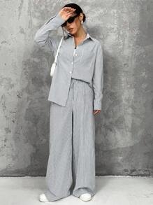 SHEIN EZwear 女式长袖条纹衬衫和裤子两件套 - 藍白色 - 查看 9