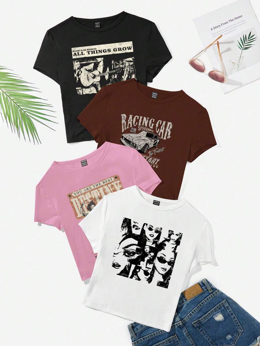 SHEIN EZwear 4入組休閒短袖女士圓領修身T卹，適用於夏季 - 彩色 - 查看 1