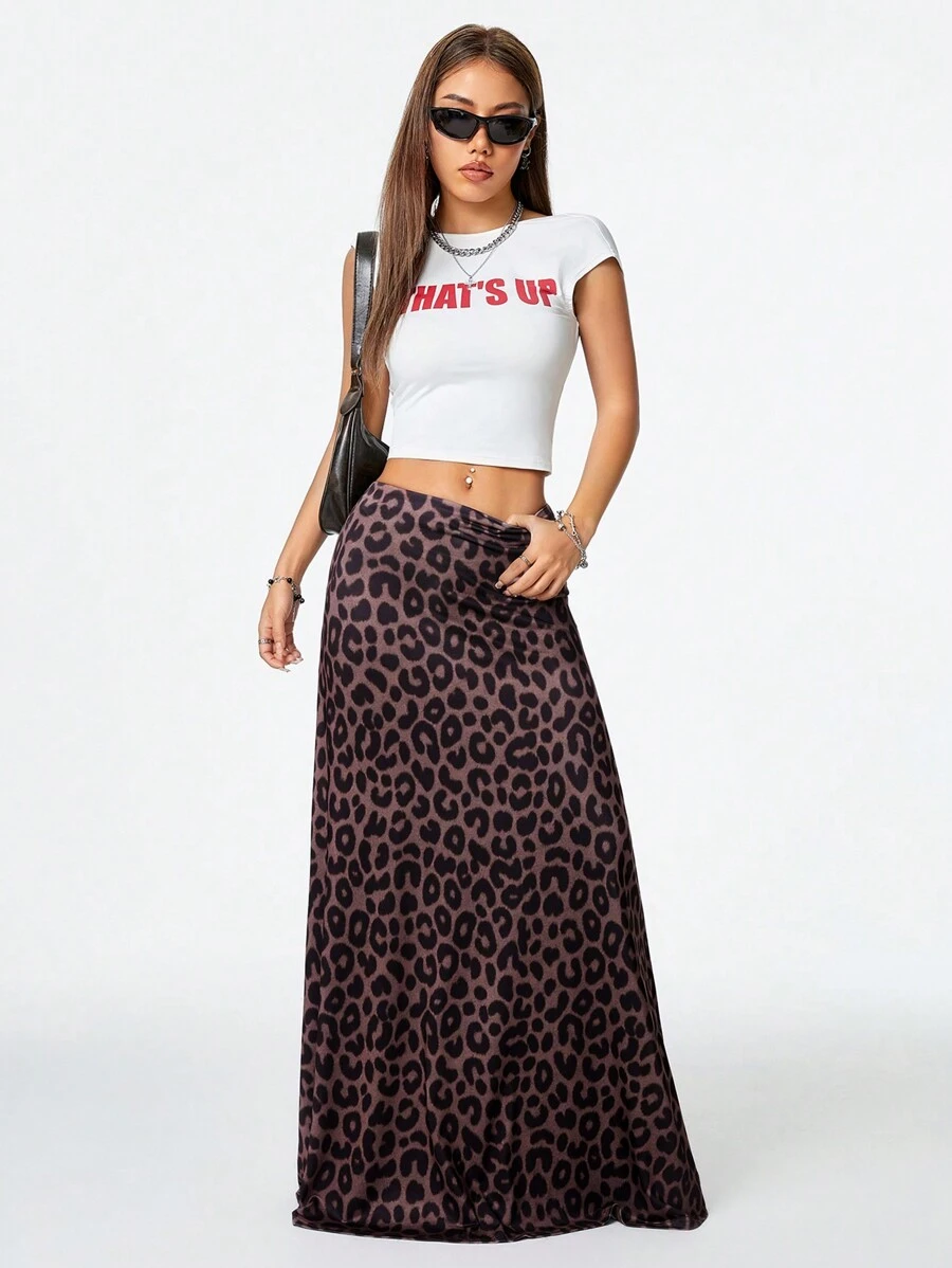 Coolane Y2K Phong cách đường phố Mát mẻ & Đa năng dành cho nữ Vintage họa tiết da báo Váy trắng chữ A, dáng rộng, dài đến đầu gối - màu nâu - Xem 1