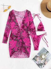 SHEIN Swim 3 件套比基尼套装，随机印花设计（版权已购买）夏日海滩 - 玫紅色 - 查看 4