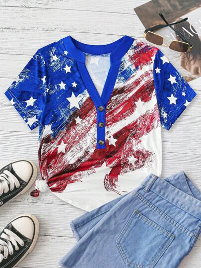 SHEIN LUNE Playera de media botón con estampado de bandera en talla grande
