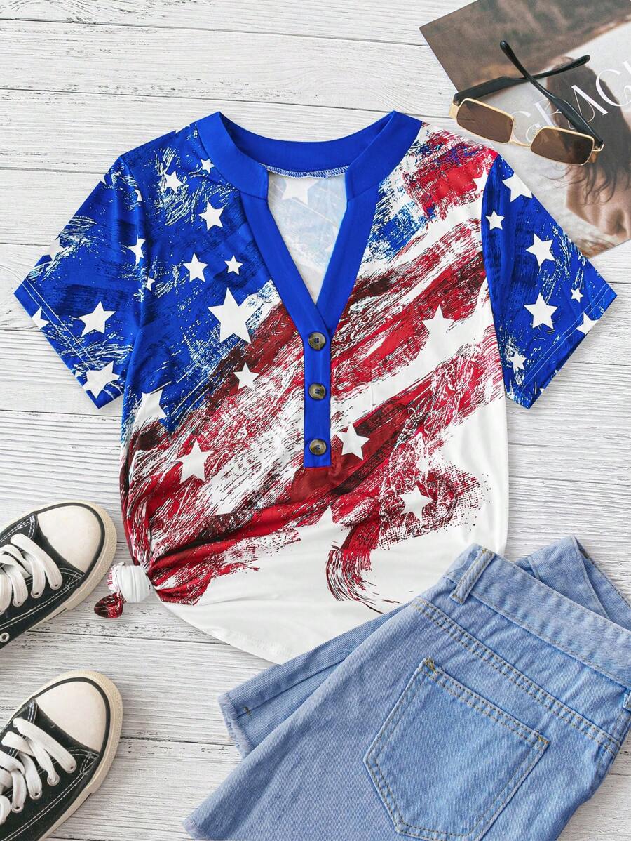 SHEIN LUNE Plus Flag Print Half Button Tee - Multicolor - View 1