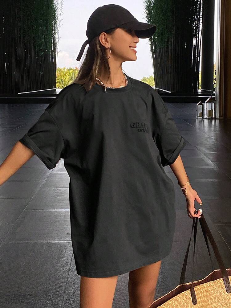 Women's Loose Fit Short Sleeve Oversized T-Shirt With 3D Steel Letter Print And Round Neckline GRAPHIC EST1981 Summer Streetwear Preppy Tops