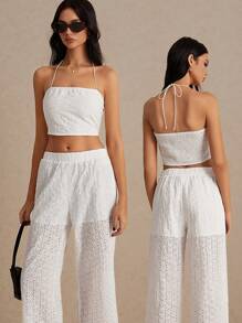 SHEIN Frenchy Embroidered Tube Top And Pants Set, Elastic Back Wrapped Chest, Low Waist Design, Cute Outfit For Casual, Holiday, Music Festivals, And Wedding Season